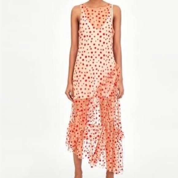 Zara Asymmetrical sheer net dress with velvet Red Polka Dots size small 4/6 - Picture 1 of 7